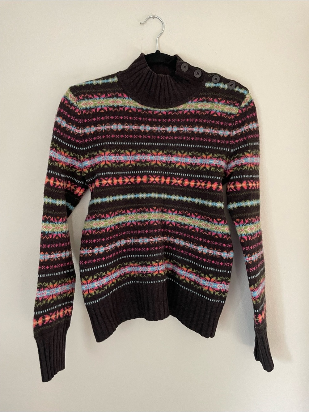 Jones New York 100% WOOL Brown Button-Shoulder Mock Neck Sweater Size Small